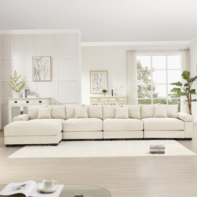 Canapé modulaire surdimensionné en forme de L 170 po Cloud, tissu velours côtelé doux, avec accoudoirs larges à assise profonde, conception ergonomique, 12 coussins décoratifs, assemblage facile, pour les salons, beige
