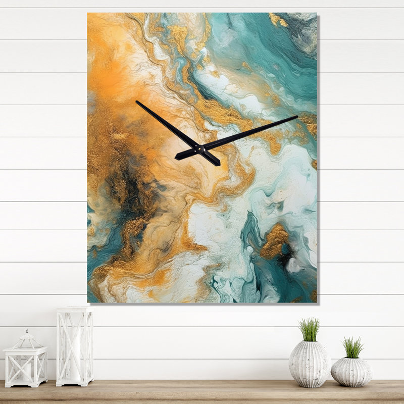 Golden Ocean Waves Turquoise Abstract II - Peinture abstraite horloge murale surdimensionnée, Grand