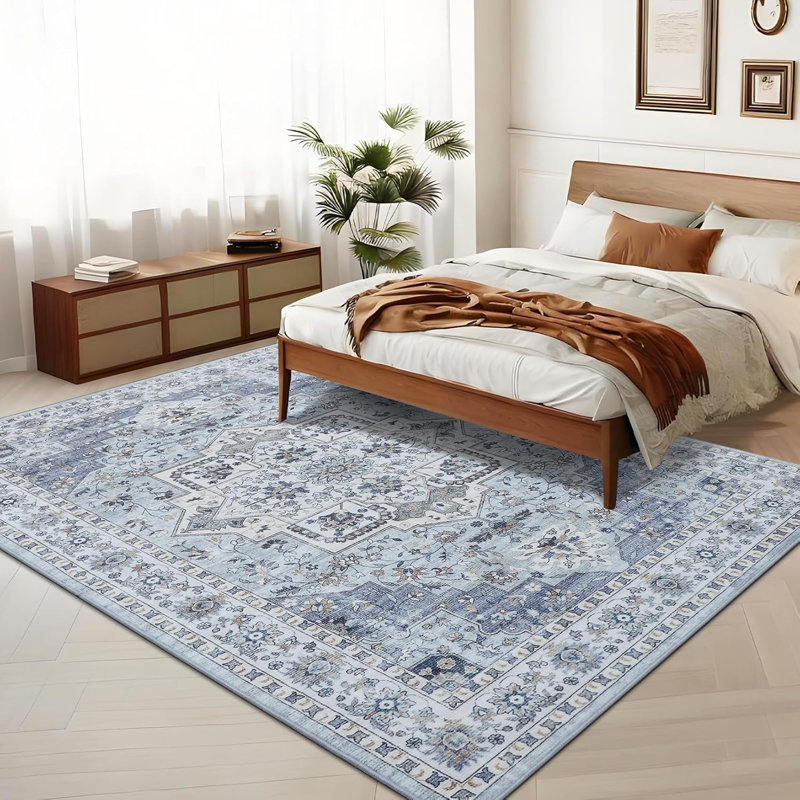 Tapis lavable à motif médaillon rétro antidérapant antidérapant oriental délavé à poils courts rouge, Rectangle 10 pi x 13 pi