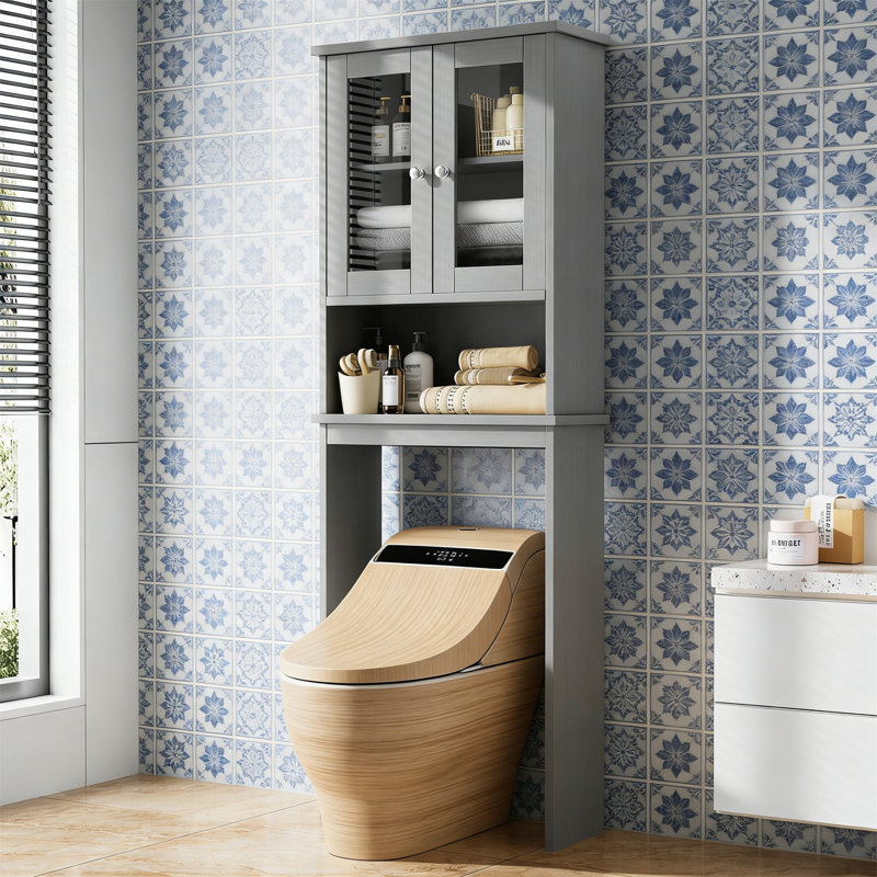 Over The Toilet Storage Cabinet With 2 Tempered Glass Doors, Gray, Gray, 65.4" H x 23.6" W x 9.1" D