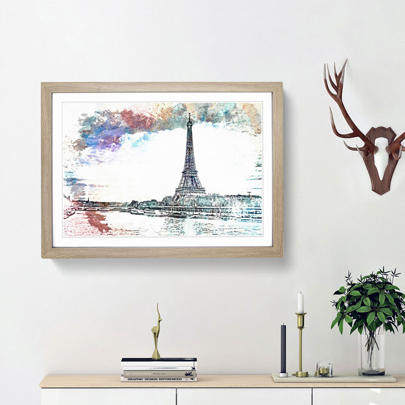 The Eiffel Tower in Paris France in Abstract - Picture Frame Painting Print, 27cm H x 36cm W x 2cm D, Oak Framed