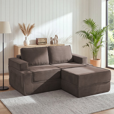 74.8" 5-in-1 Sleeper Sofa Bed, Corduroy Boneless Foldable Couch Bed, Convertible 2-Seater Sofa with Ottoman Cup Holders And Side Pockets for Apartment Game Room Home Theater, Brown