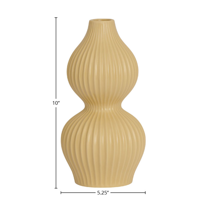 Liubomila Ribbed 10" Yellow Ceramic Table Vase, 10" H x 5.25" W x 5.25" D, Yellow