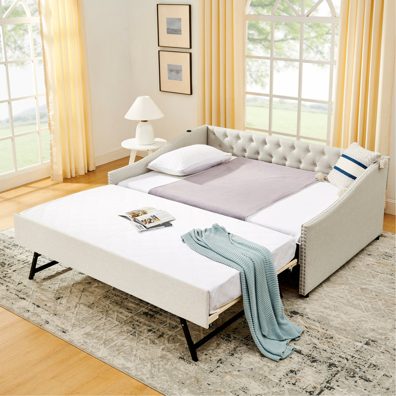 Lit de jour double avec charge USB et lit extensible de taille simple, avec bouton sur le dos et clou en cuivre sur les accoudoirs ondulés