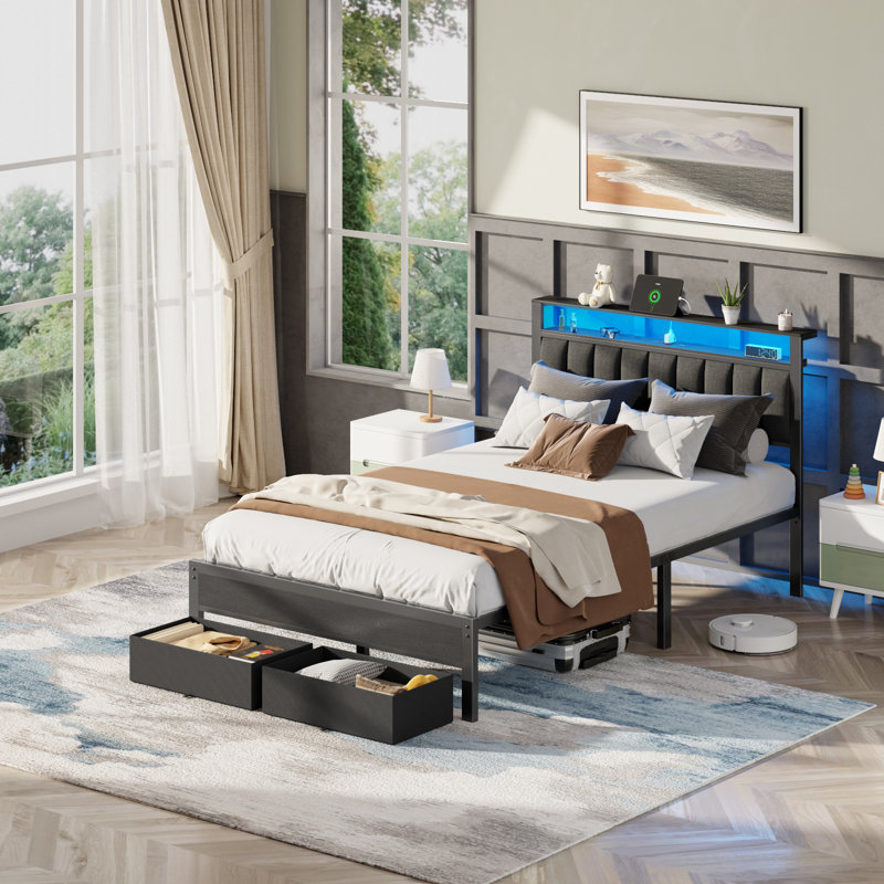 Upholstered Bed Frame with 2 Storage Drawers, Modern Full Platform Bed with Charging Station & LED Light, No Spring Box Needed