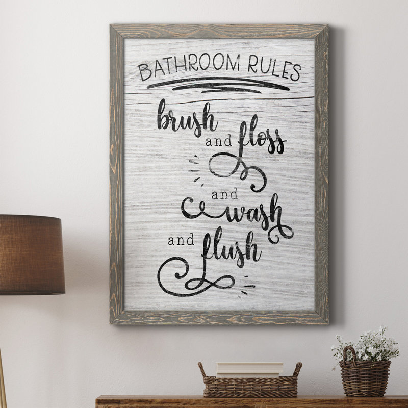 "Bathroom Rules" - Art textuel sur toile, H 31,5 po x l 23,5 po x P 1,5 po, Gris