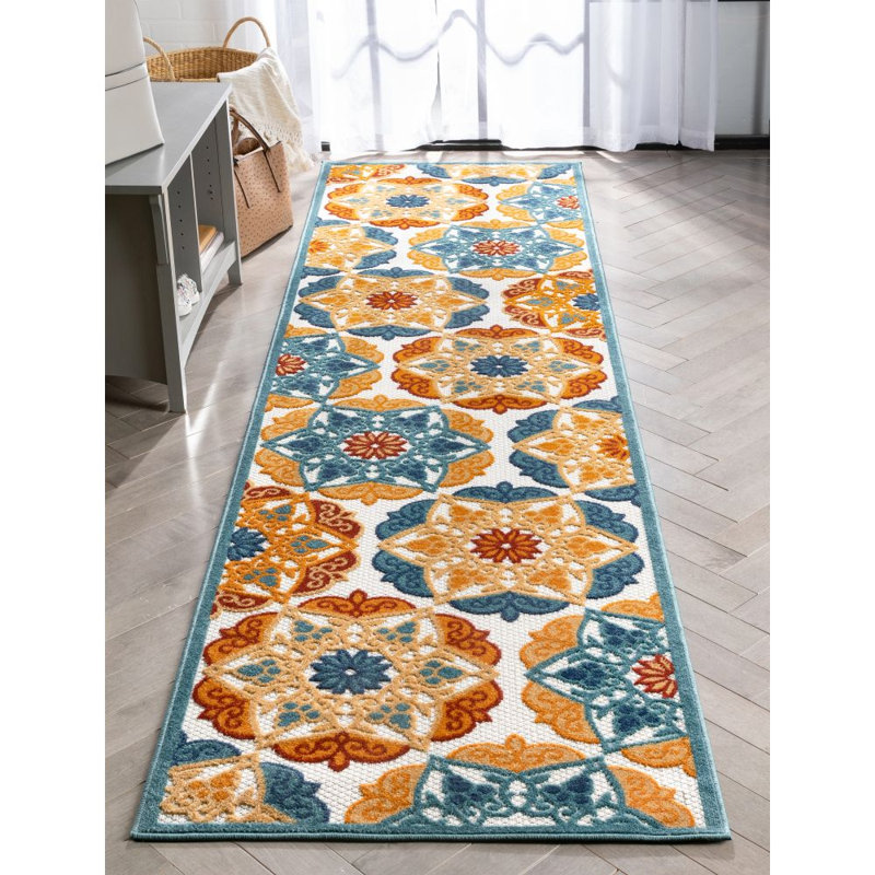 Dickenson Cabo Floral Machine Made Power Loom Polypropylene Indoor Area Rug in Gold/Orange/Blue, Runner 2'7" x 9'10"