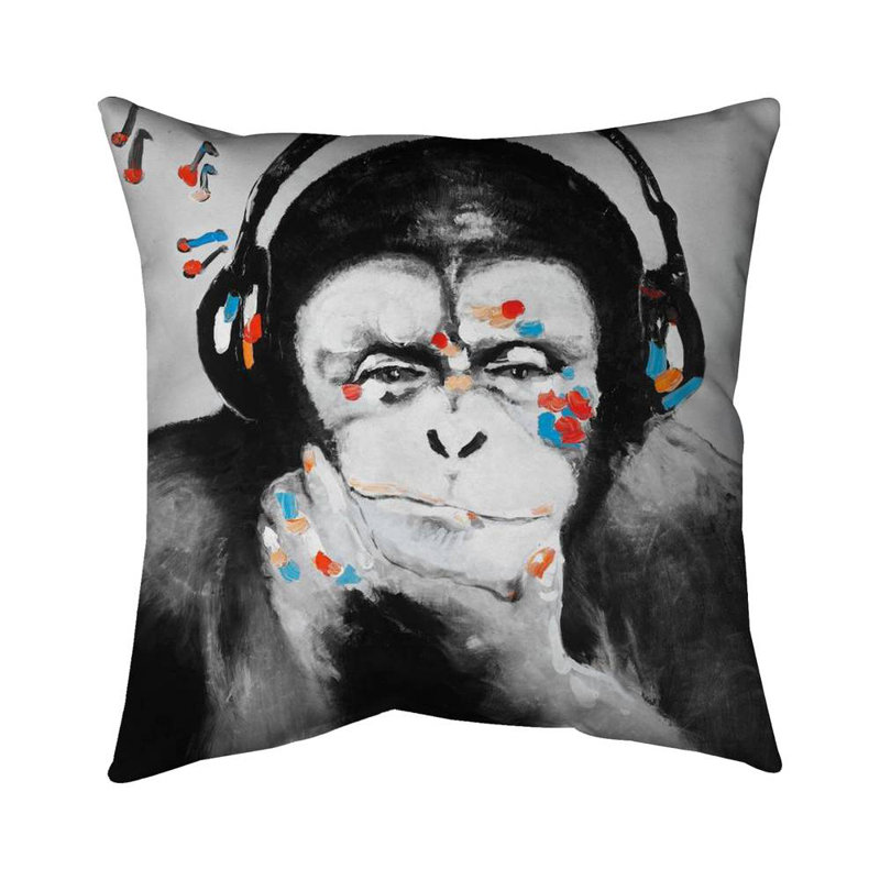 Monkey with headphones - 20"x20" Throw pillow cover - Poly twill - Print on demand