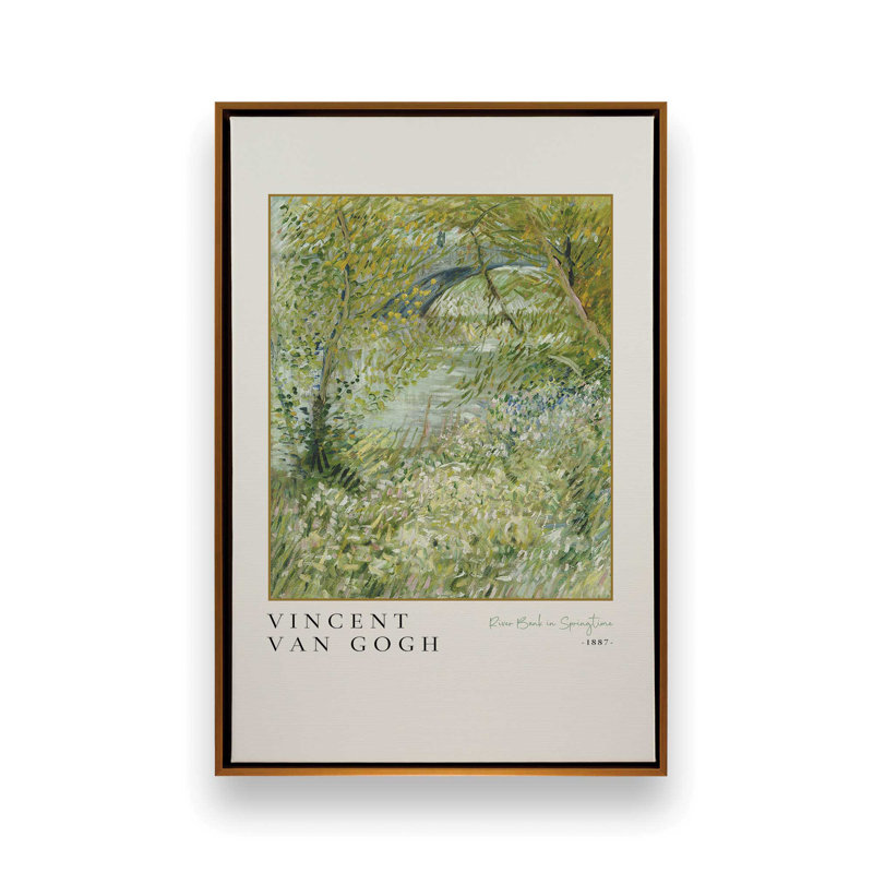 Van Gogh's River Bank au printemps v3, H 48,75 po x l 32,75 po, Cadre flottant or poli