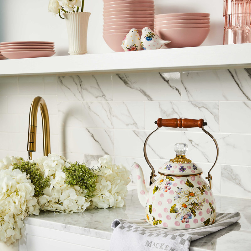 Wildflowers White/Pink/Brown/Green 2 Quart Tea Kettle