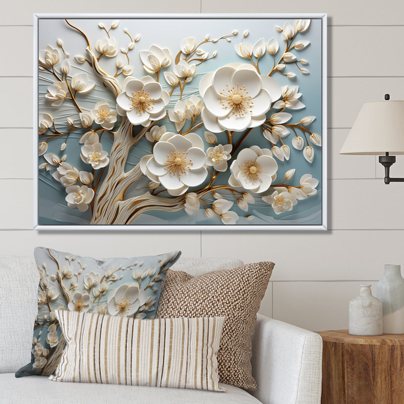 Orchidée blanche jardin de branches 9 - Art mural floral abstrait, Cadre flottant brun, H 30 po x l 40 po x P 1,5 po
