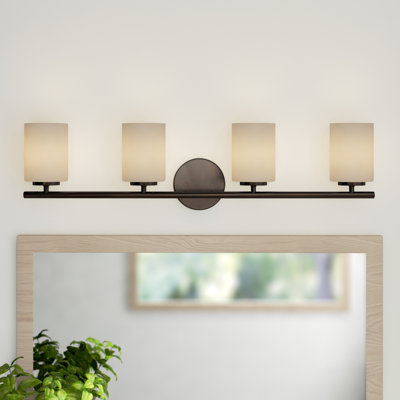 Éclairage pour salle de bain 4 lumières en bronze antique avec abat-jour en verre gravé à l'eau-forte