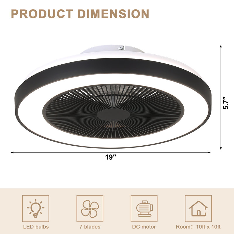 Ventilateur de plafond 19 pouces avec lumière DEL à intensité variable et télécommande, ventilateur de plafond à 6 vitesses CC
