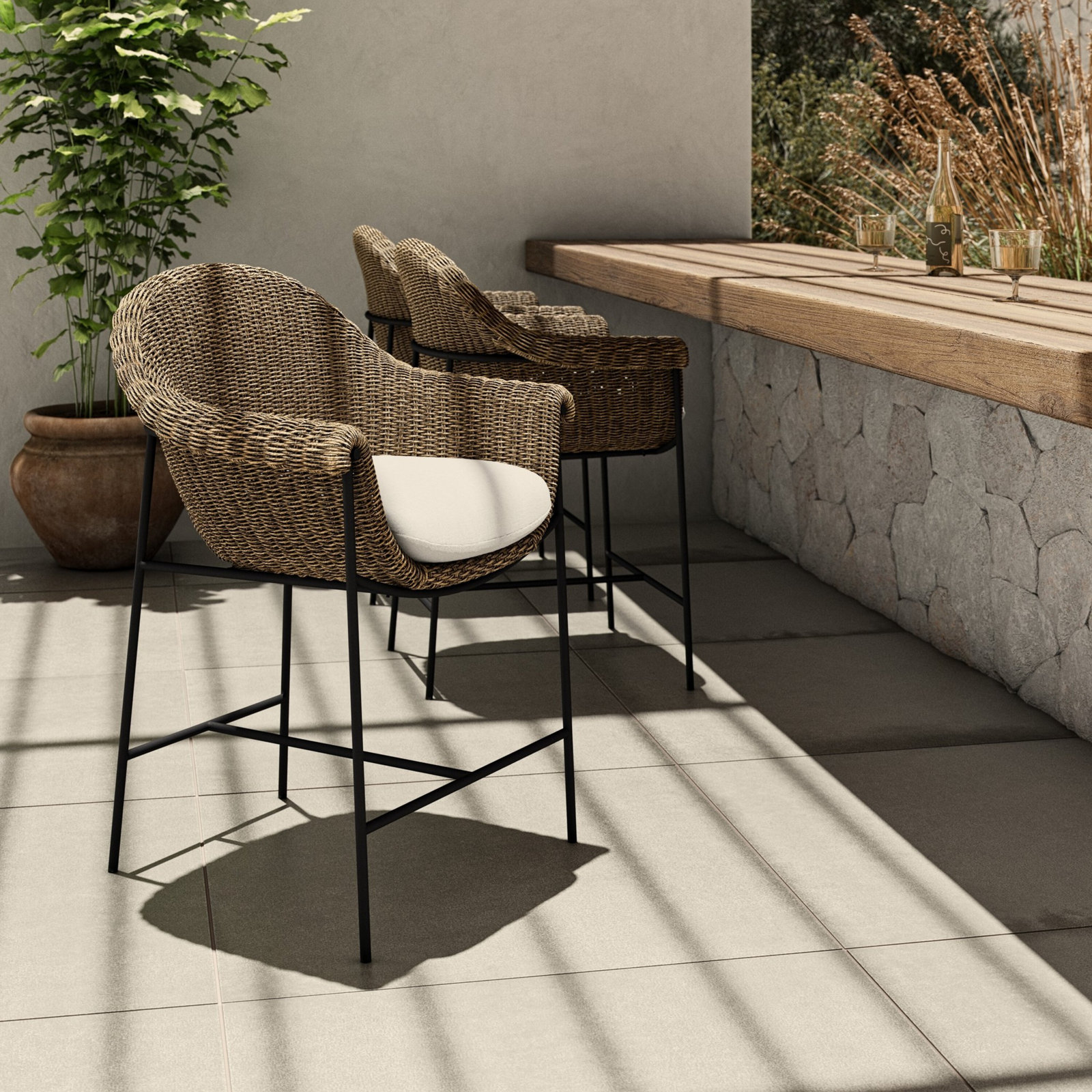 Rivah 26" Patio Bar Stool with Cushion, Cream/Black/Brown