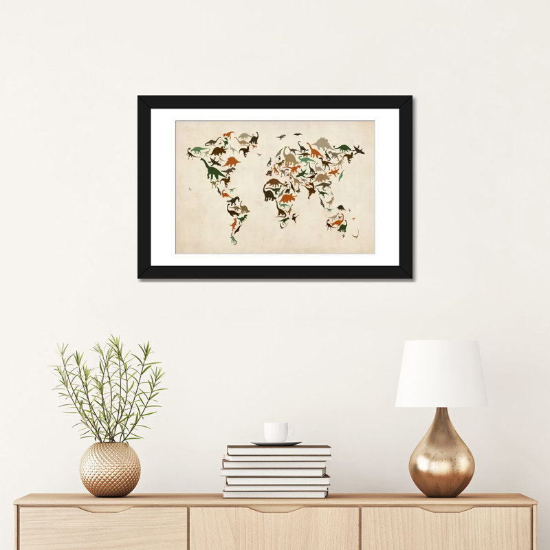 «Dinosaurus Map of the World III», impression sur toile, H 16 po x l 24 po x P 1 po, Papier d'art encadré noir, Blanc