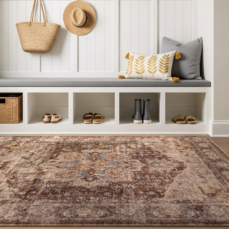 Tapis brun châtaignier traditionnel antidérapant lavable à la machine, 3 pi x 5 pi