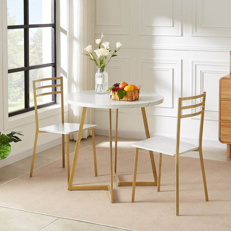 Kilwin 3-Piece White/Gold Modern Round Dining Table Set with 2 Chairs, Space-Saving Kitchen & Breakfast Nook Dining Set, Compact Small Space Bistro Dining Room Table Set
