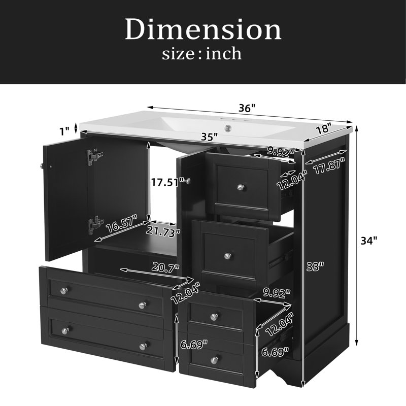 Meuble-lavabo de 36 po avec lavabo, meuble-lavabo autoportant en bois massif avec 4 tiroirs de rangement et tablette, portes à fermeture douce