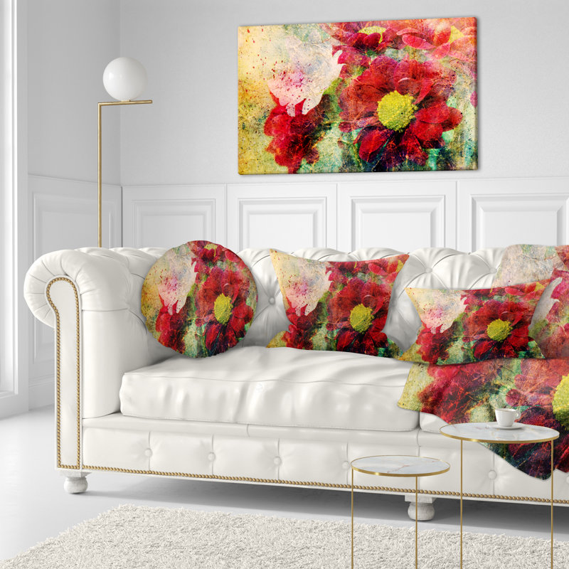 Red Flowers and Watercolor Splashes - Floral Printed Throw Pillow