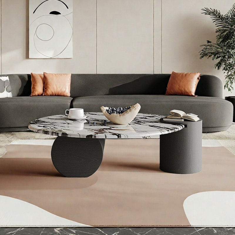 Table basse ronde en marbre clair, H 14,6 po x L 31,5 po x l 31,5 po