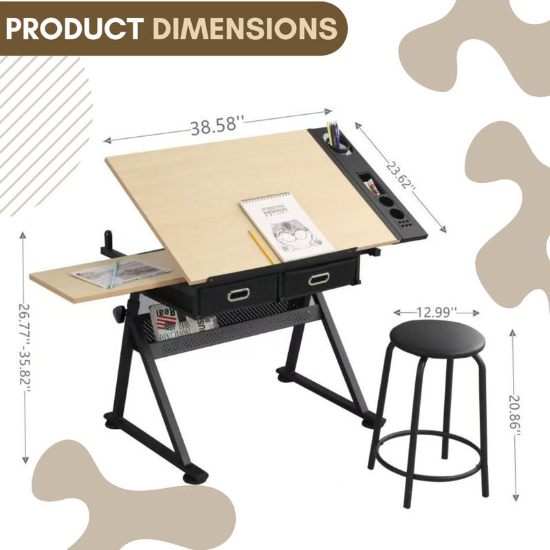 Bureau de dessin réglable, 2 tiroirs, bois, école de bureau à domicile, tabouret inclus