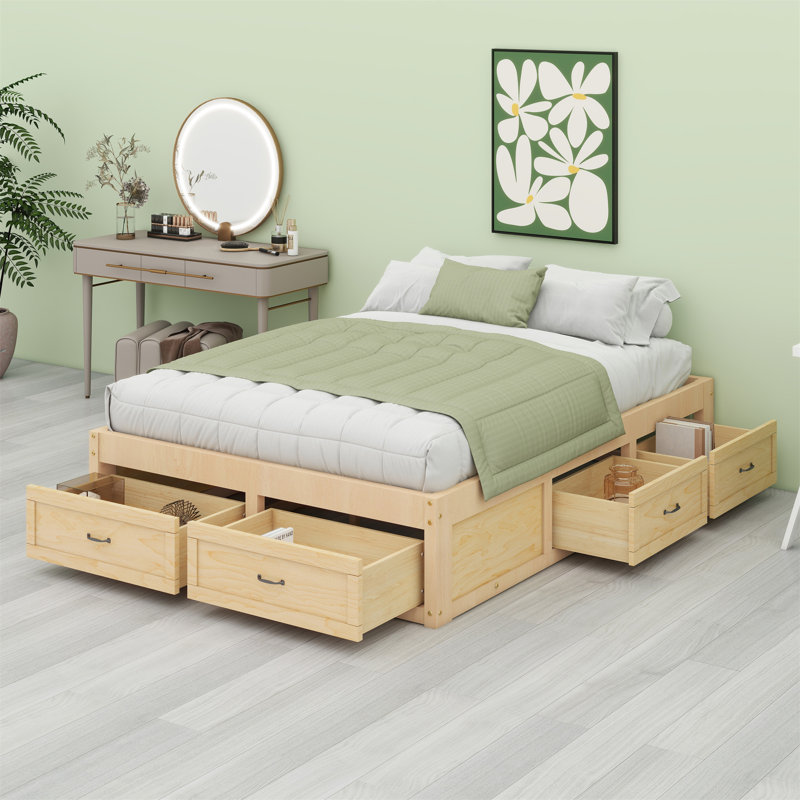 Platform Bed With 6 Storage Drawers, Antique Natural