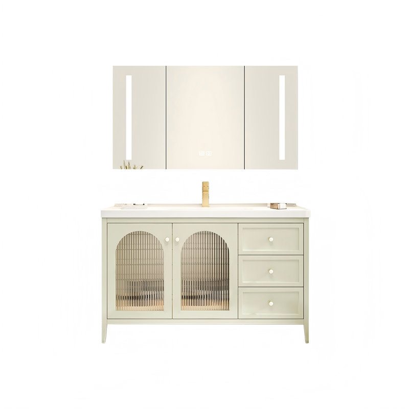 Meuble-lavabo autoportant en bois d'hévéa vert pâle, style crème, avec armoire à pharmacie intégrée
