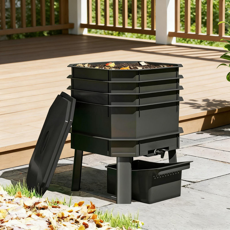 4-Tray Worm Composter Bin, 7.4 Gal, Black, Portable