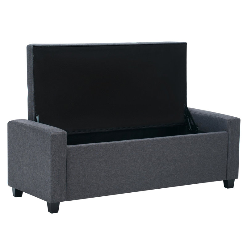 Banc de rangement pour chambre 48 po avec charnière, accoudoirs rembourrés en faux lin pour chambre à coucher, salon, vestibule, gris, design traditionnel américain, forme rectangulaire, siège mi-moelleux, rangement interne, carré