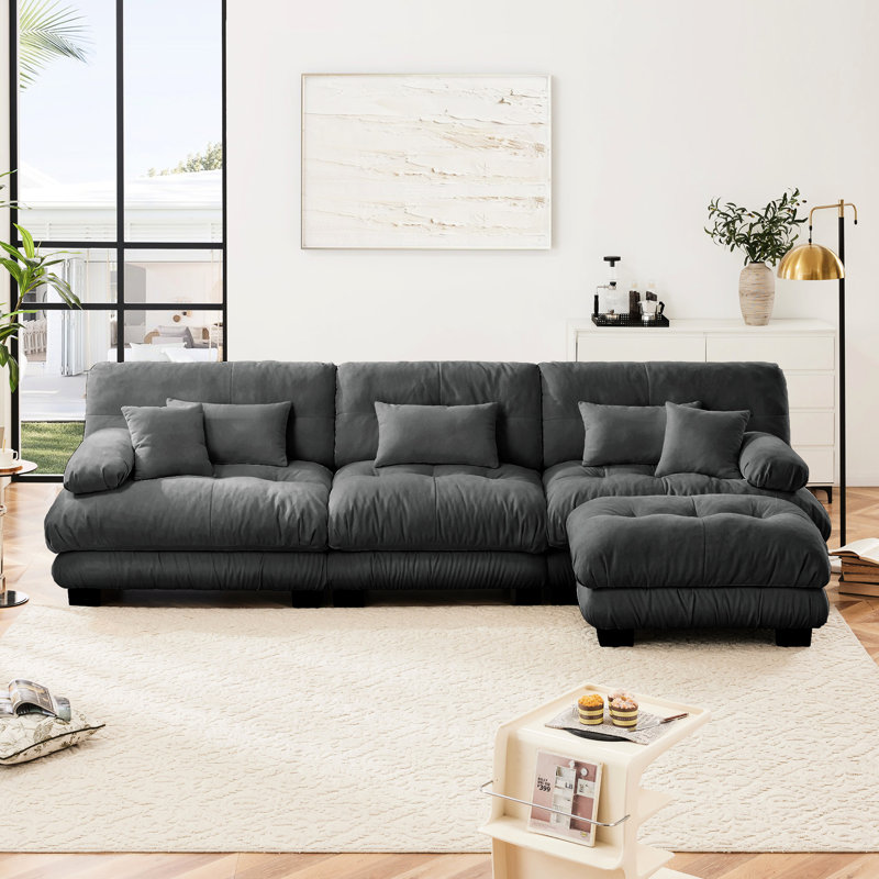 Canapé modulaire surdimensionné en chenille surdimensionné en L gris surdimensionné à 3 places, canapé-lit avec coussins décoratifs et coussins de taille, traversin confortable et convertible pour salon