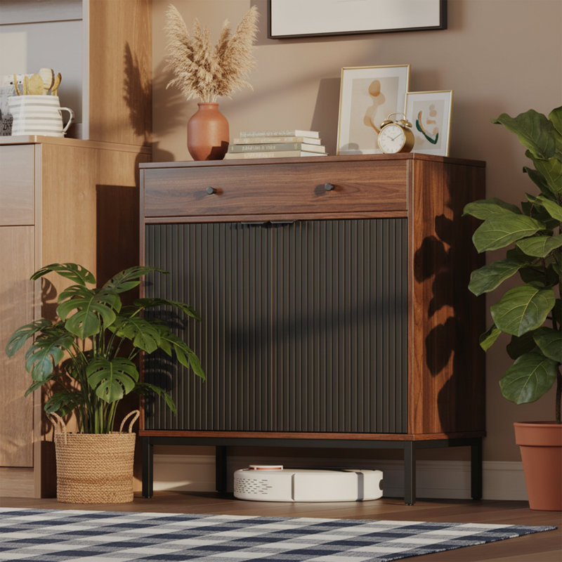 31" Wide Fluted Buffet Sideboard Cabinet With Adjustable Shelves And Drawer - Grey, Walnut/Black