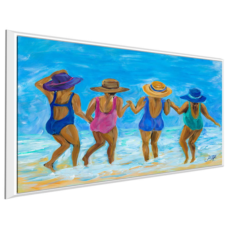 «Mesdames sur la plage I», reproduction de peinture acrylique, H 27,5 po x l 43,5 po, Cadre flottant blanc