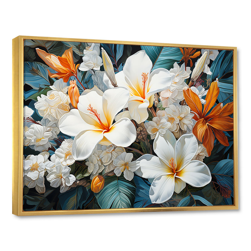 Fleur de plumeria beige et blanche, Cadre flottant doré, H 34 po x l 44 po x P 1,5 po