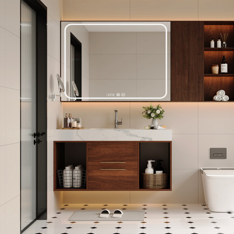 Meuble-lavabo mural flottant de 39,4 po avec lavabo en céramique, 2 tablettes ouvertes, pierre frittée blanche, conception moderne pour une utilisation de l'espace