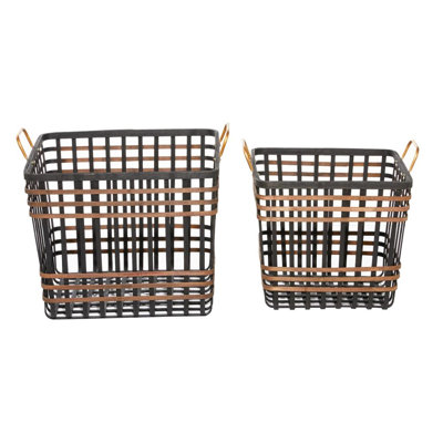 Panier de rangement carré en bois de bambou noir avec accents bruns, ensemble de 2