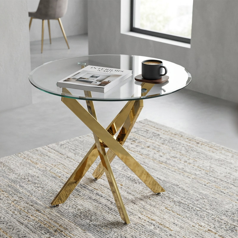 Table de salle à manger ronde moderne en verre avec base géométrique en métal, Golden