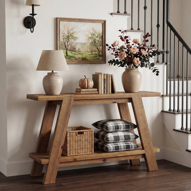 43.3-Inch Solid Wood Console Table, 2-Tier Farmhouse Entryway Table with Storage for Foyer