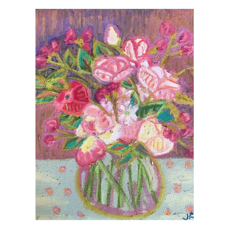 Pivoine et statice par Jeff Ferst, Pas de tapis, Toile tendue, H 24 po x l 18 po x P 1,5 po