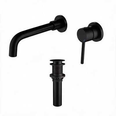 Robinet de salle de bain mural en laiton noir mat et acier inoxydable avec poignée levier simple et bonde escamotable