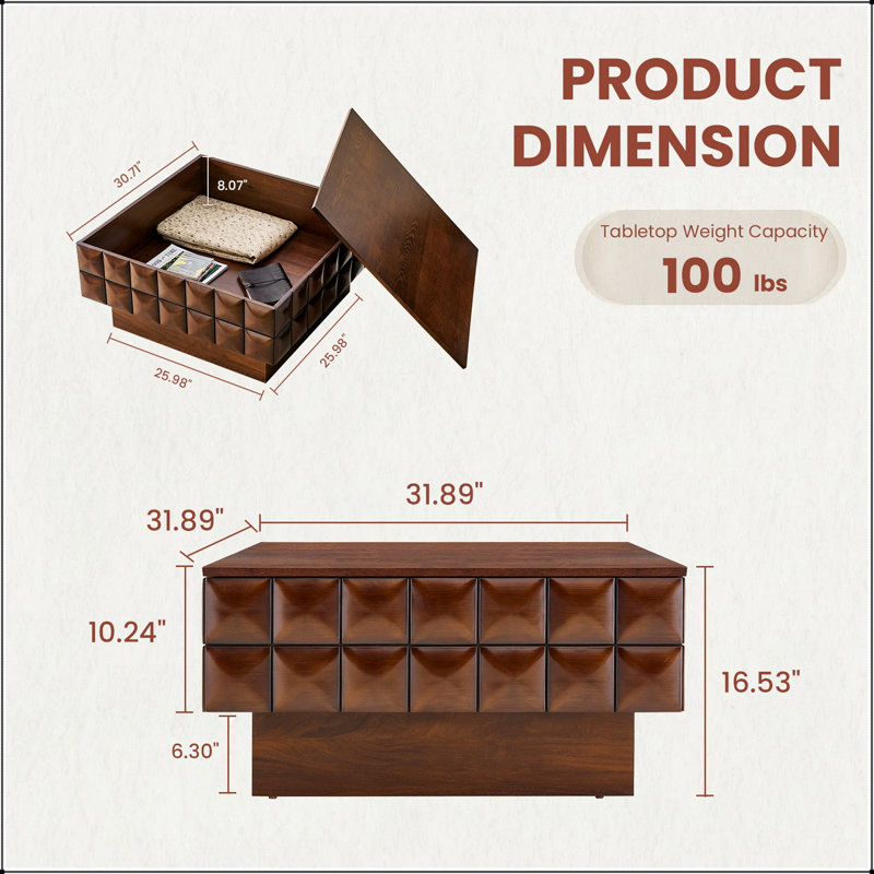 Table basse 32,7 pouces carrée en noyer avec habillage géométrique 3D texturé, plateau en placage de bois de frêne, table centrale moderne