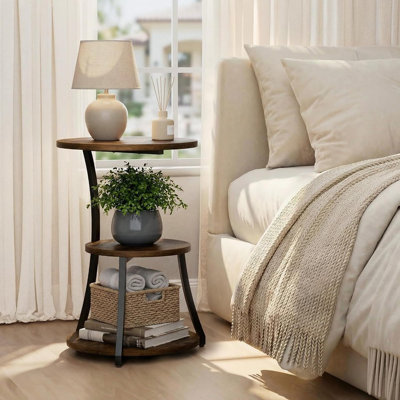 3-Tier End Table For Living Room, Vintage Accent Table For Small Spaces With Storage Shelf, Nightstand Wood And Metal Coffee Table For Sofa, Couch, And Bedroom, Rustic Brown, Large