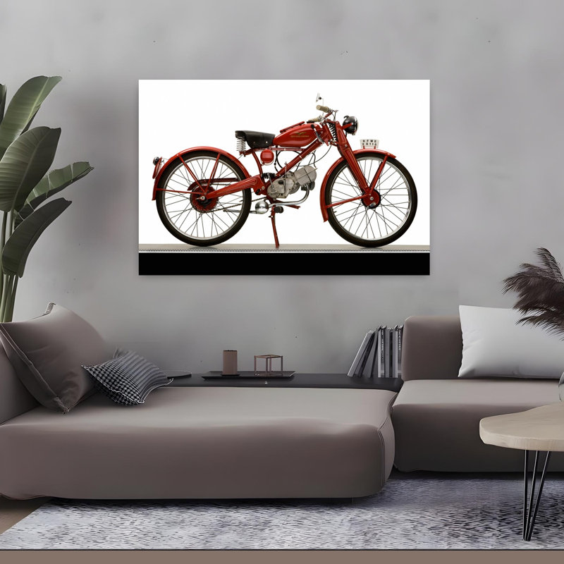 1951, Moto Guzzi Hispania Motoleggera 65, moto, paysage abstrait classique, art mural, H 32 po x l 48 po