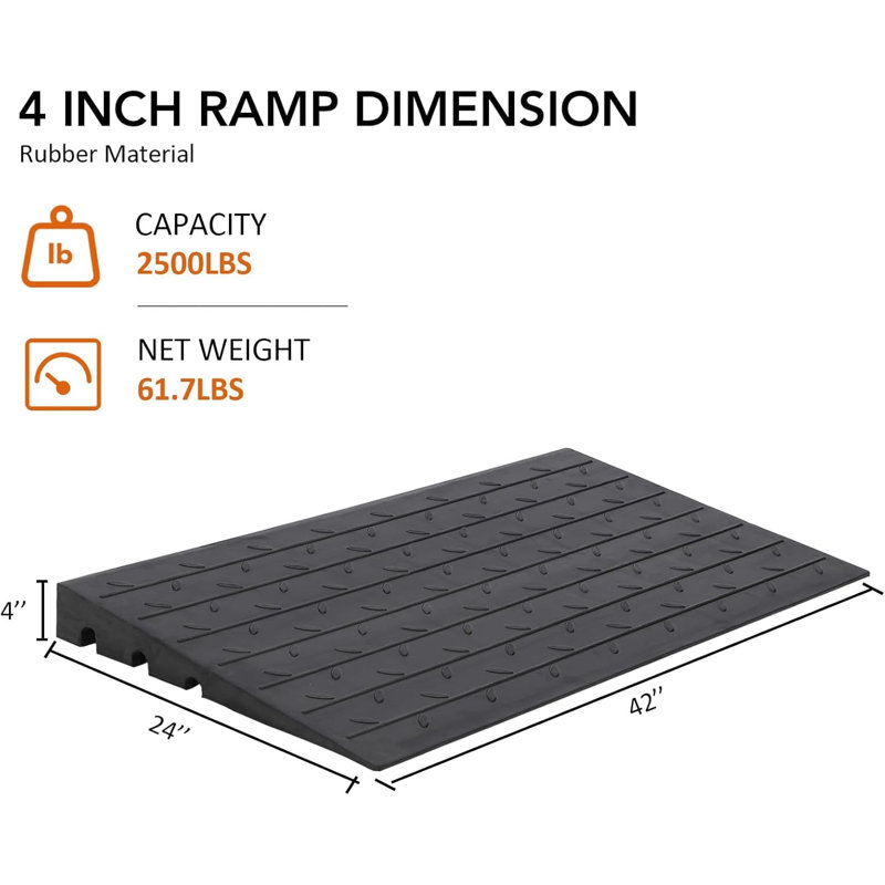 Heavy Duty Rubber Threshold Ramp for Driveway and Curb, 1130kg  Load, 3 Channel Wire Cover, Non-Slip, Reflective Safety Strips, Portable Access for Wheelchair, Scooter, Motorcycle, 24x42x4in