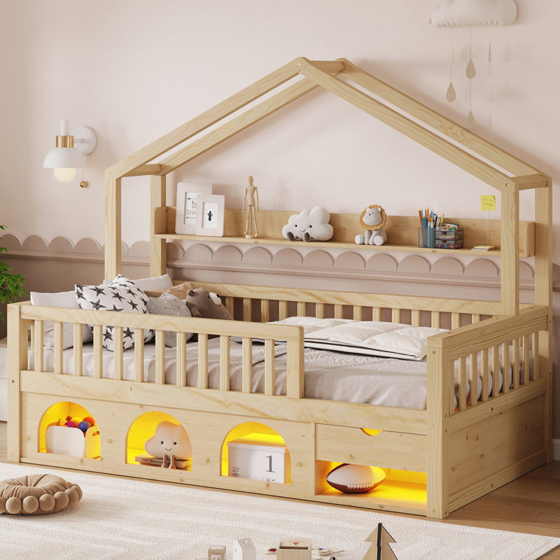Cadre de lit simple pour enfant, lit pour enfant en bois avec garde-corps de sécurité et rangement sous le lit, Natural