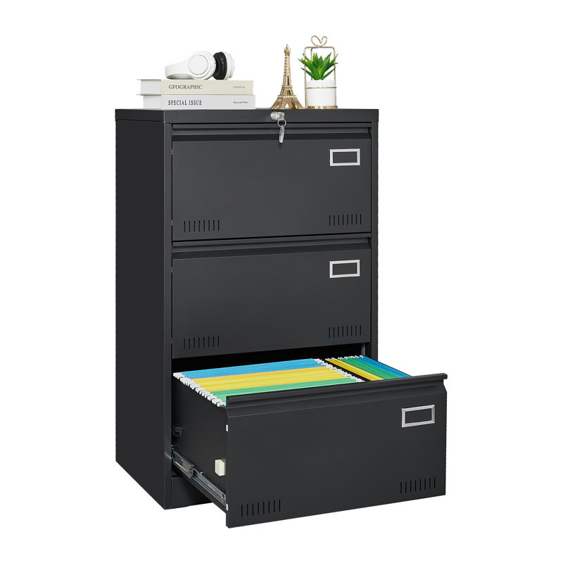 Filing Cabinet Lateral File Cabinet 3 Drawer, Blcak Locking Metal File Cabinets Three Drawer, Office Filing Cabinet With Lock Drawers For Home Office/Legal/Letter/A4/F4