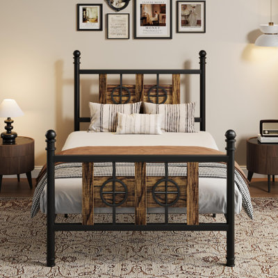Twin Size Metal Bed Frame with Vintage Circular Headboard and Footboard,  Under Bed Storage, No Box Spring Required, Brown