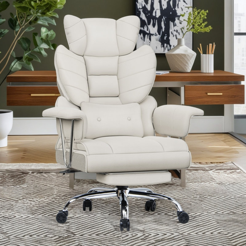 PU Leather Executive Chair with Footrest and Lumbar Support, White