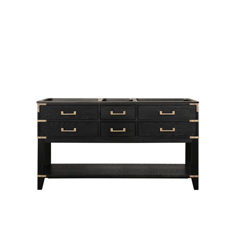 60 po Meuble-lavabo double en chêne noir avec fermeture en douceur, 4 tiroirs et armoire ouverte, bois massif, tablette à installation rapide, salle de bain avec rangement généreux