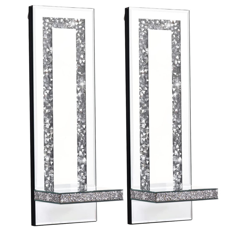 Crystal Crush Diamond Mirrored Candle Sconces, Silver Wall Candle Holder Set Of 2, Wall Decorations For Living Room,Dining Room (Rectangle Stripe (Style 4))