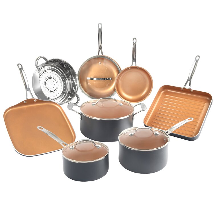 Gotham Steel 10 Piece Non Stick Cookware Set Kitchen Pots and Pans with Lids Space Saving Induction Cookware Dishwasher Safe Black, Copper - 3 PC Set